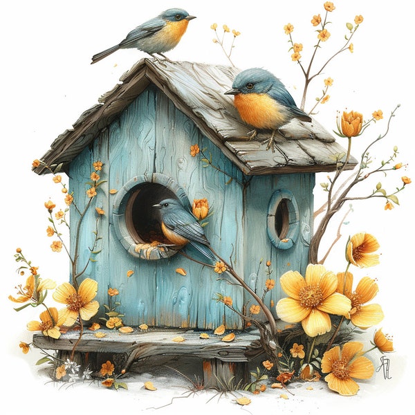 Cute Bird house Clipart, 10 High Quality JPGs, Nursery Art | Card Making, Clip Art, Bird Print, Digital Paper Craft