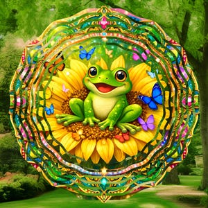 Può includere: Un'illustrazione stravagante presenta una rana verde sorridente su un girasole giallo. Farfalle colorate svolazzano intorno alla rana e al fiore, incorniciati da una cornice circolare decorativa e ornata con accenti di gioielli.