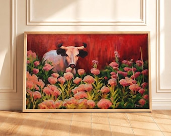 Cow in Pink Flowers Art Print, Floral Animal Wall Decor, Red Botanical Artwork, Giclée Paper Print or Cotton Canvas
