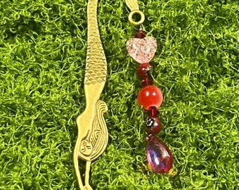 Mermaid Bookmark: Metal with Red Heart and Beads
