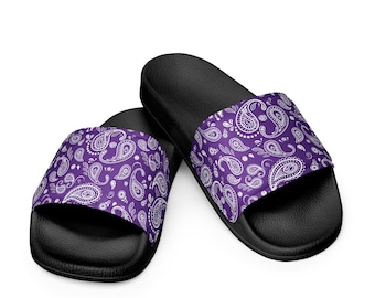 Men&#39;s Purple Bandana Print Slides, Cushioned Faux Leather Slides, Cholo Style Slides for Men, Fathers Day Gift Idea, Summertime Beach Slides