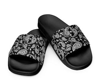 Black Paisley Print Slides for Women, Cushioned Faux Leather Slides, Chola Style Slides, Lowrider Style Black Bandana Slides, Beach Slides