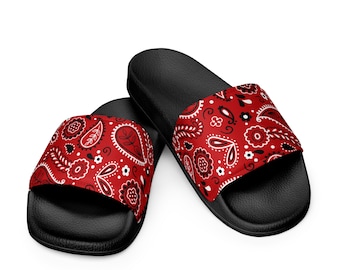 Stylish Red Bandana Print Slides, Slides Shoes, Perfect for Lounging or Grilling, Sustainable Fashion Gift, Womens Shoes, Slides Women