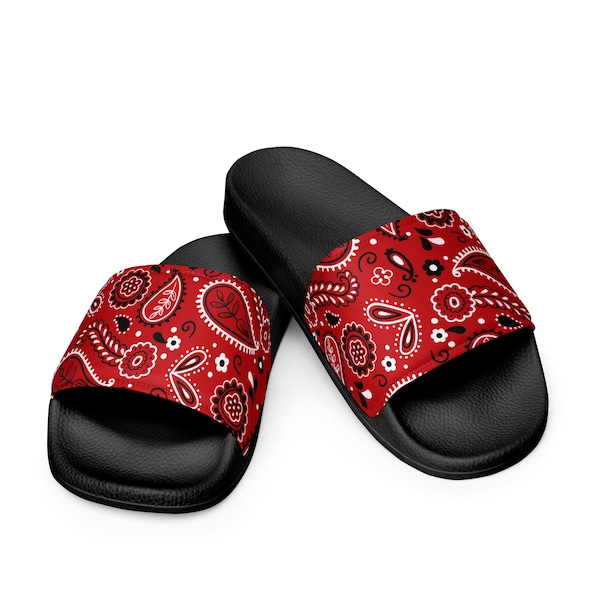 Stylish Red Bandana Print Slides, Slides Shoes, Perfect for Lounging or Grilling, Sustainable Fashion Gift, Womens Shoes, Slides Women