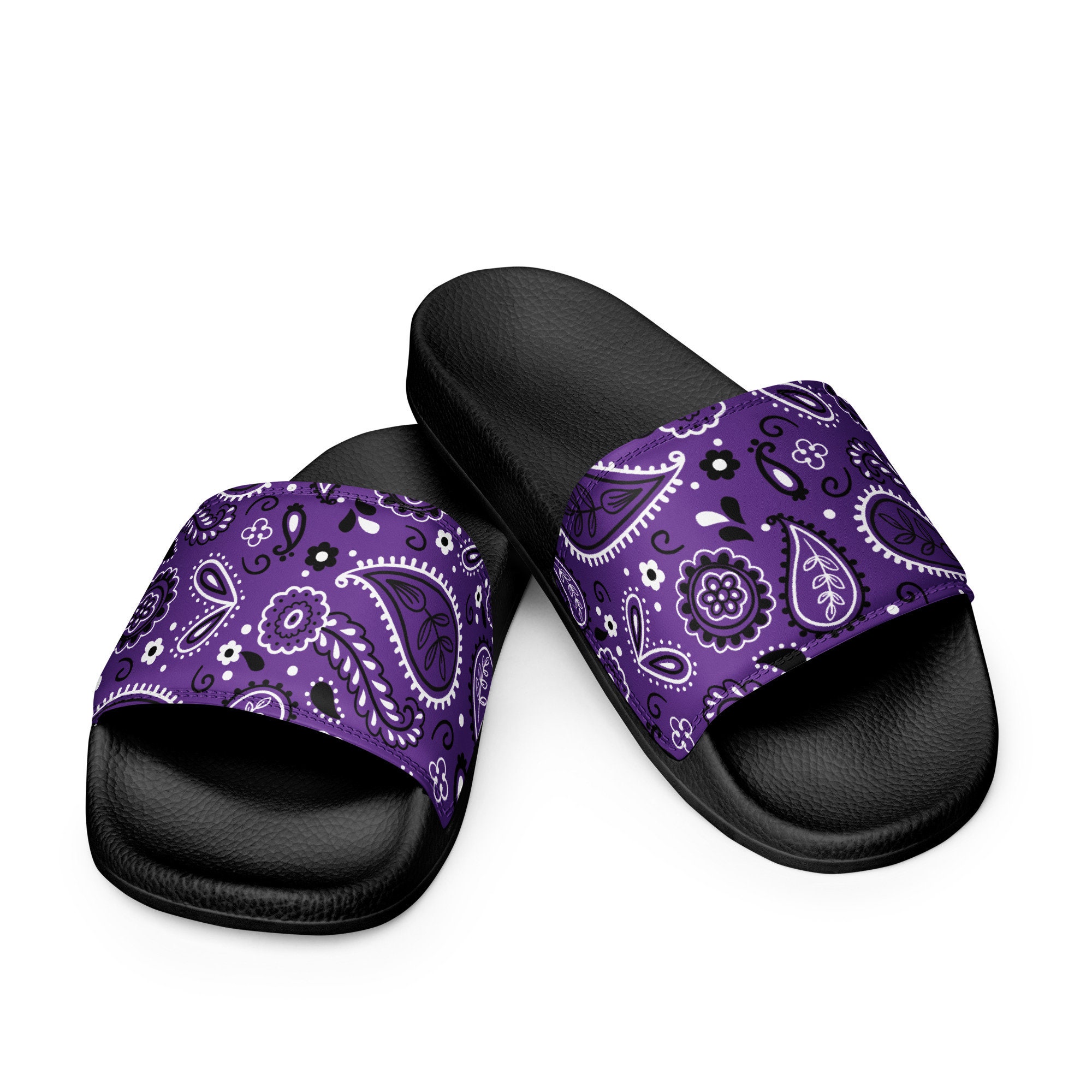 Women's Purple Paisley Print Slides, Cushioned Faux Leather Slides, Gift Ideas for Mom, Chola Style Flip Flops, Chicana Summer Slides