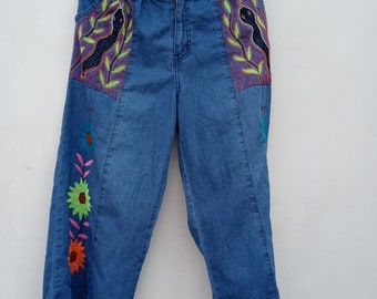 Hand Embroidered Snake Capri Pants for Women Amazon Jungle