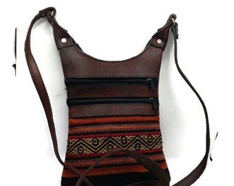 Handmade Leather Shoulder Bag Woven in Andean Wool Cusco Crafts