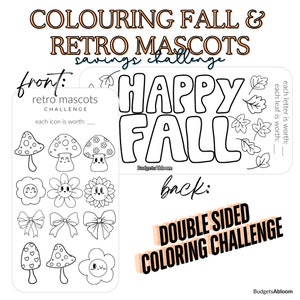 Mascottes d'automne rétro plastifiées recto-verso au format A6 et défi d'économies de coloriage Happy Fall | Suivi des enveloppes de billets Budget Binder | Coloration