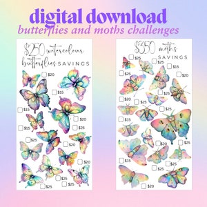 DIGITALER DOWNLOAD Aquarell Schmetterling und Motteals Spar-Challenge | A6 Heftmappe Einlage | Drucken Sie zu Hause sofort ausdruckbar