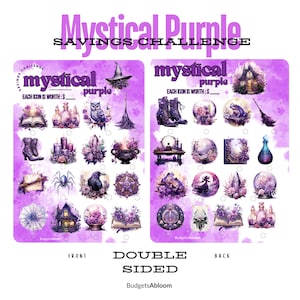 Défi d'épargne mystique violet plastifié DOUBLE FACE A5 | Tracker pour enveloppes-caisses Budget Binder | Choisissez le montant | Ambiance fantasmagorique de sorcière