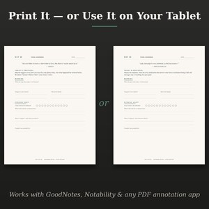 May include: Two white digital planner pages with black text on a dark background. The pages feature sections for daily protocols, morning routines, and evening audits. The text reads Print It &mdash; or Use It on Your Tablet and Works with GoodNotes, Notability & any PDF annotation app.