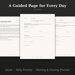 May include: Three off-white pages from a guided journal featuring black text. The left page is titled How This Detox Works. The center page is titled Day 01 and includes sections for a quote, today's protocol, morning, and evening audit.
