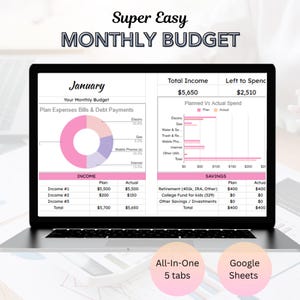 Puede incluir: Una pantalla de computadora portátil que muestra un gráfico circular rosa y morado con el título "Enero" y el texto "Su presupuesto mensual". El gráfico circular está dividido en secciones etiquetadas como "Electricidad", "Gas", "Teléfonos móviles", "Internet" y "Otros servicios públicos". La pantalla también muestra una tabla con los encabezados "Ingresos", "Plan" y "Real", y otra tabla con los encabezados "Ahorros", "Plan" y "Real". El texto "Presupuesto mensual súper fácil" se muestra en la parte superior de la pantalla. El texto "Todo en uno 5 pestañas" se muestra en un círculo rosa en la parte inferior izquierda de la pantalla. El texto "Hojas de cálculo de Google" se muestra en un círculo rosa en la parte inferior derecha de la pantalla.