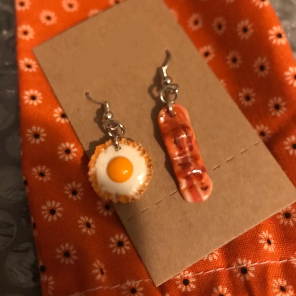 Handmade Fried Bacon with Half Fry Shiny Egg Side Clay Earring, Trendy Polymer Clay Earring For Girls, Boho Christmas Gift Statement Jewelry