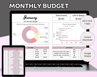 May include: A laptop screen displaying a monthly budget spreadsheet with a pink and white pie chart, a bar graph, and tables labelled "Income", "Savings", and "Bills, Expenses, and Debt Transactions Log". The spreadsheet is titled "January Your Monthly Budget" and includes the text "Total Income £5,650", "Left to Spend £2,510", "All-In-One 7 tabs", "Instant Download", and "Google Sheets".
