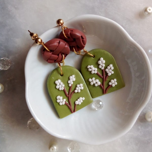 Boho Olive Green Polymer Clay Earrings, Cute Floral Botanical Earing, Artisan Crafted Statement Jewelry, Handmade Chic Delight Gift