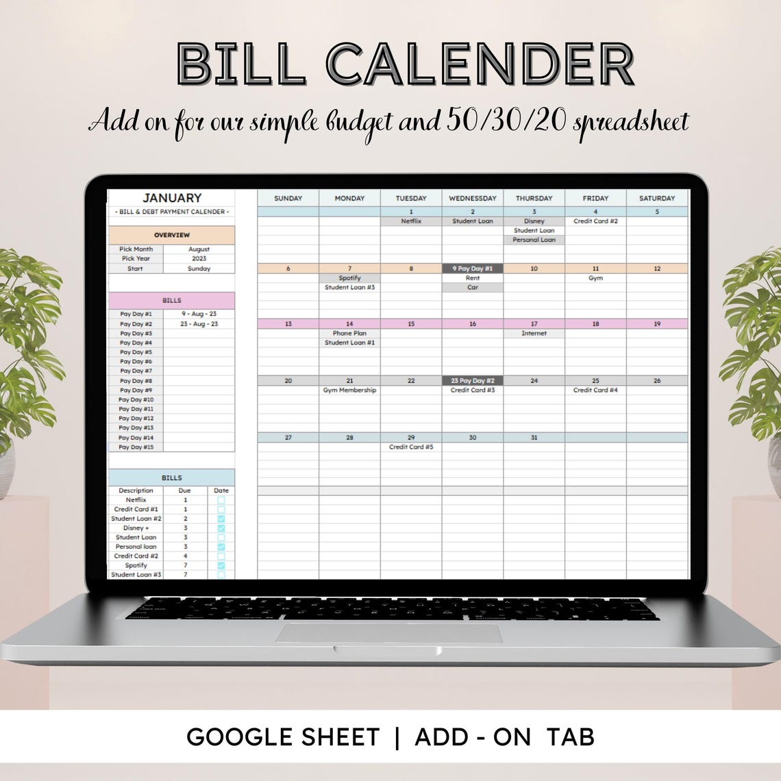 Monthly Bill Tracker Spreadsheet for Google Sheets | Bill Payment ...