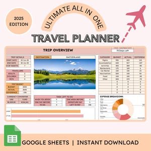 May include: A pink and white printable travel planner template for 2025. The template includes sections for trip details, destination, budget, expenses, and tasks. The template is designed to help travelers plan their trips and track their expenses.