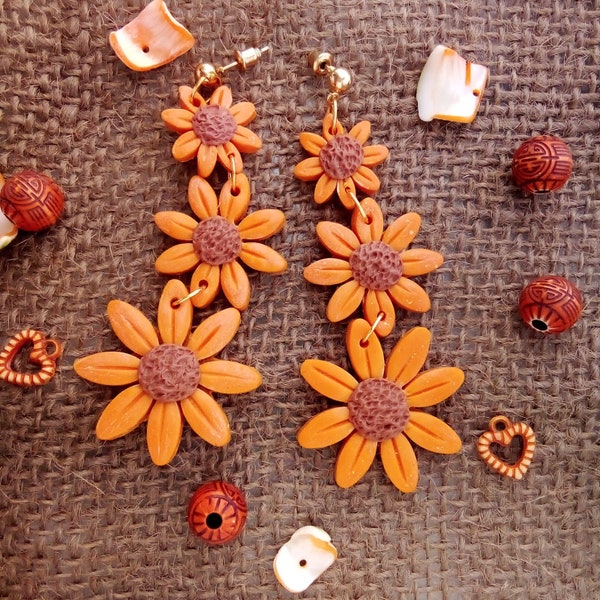 Boho Orange Floral Polymer Clay Earrings, Cute Sunflower Botanical Earring, Artisan Crafted Statement Jewelry, Handmade Chic Delight Gift