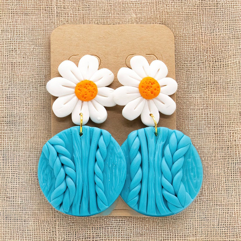 Daisy Flower with Twisted style Earring Summer Earrings Floral Clay Jewelry Polymer Clay Earrings blue twisted earring Gift For Her image 1