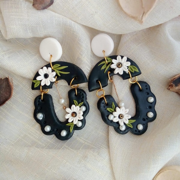 Handcrafted Spring Mini Daisy Earrings, Boho Black Arch Clay Studs, Artisan Crafted Statement Jewelry, Chic Delight Gift