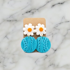 Daisy Flower with Twisted style Earring Summer Earrings Floral Clay Jewelry Polymer Clay Earrings blue twisted earring Gift For Her image 4