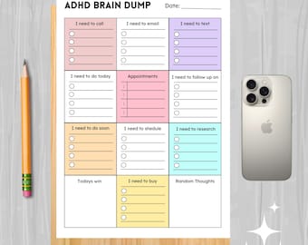 Agenda Diária para TDAH para Imprimir - Brain Dump Lista de Tarefas e Lembretes | Página de Anotações do Organizador de Foco | Carta A4 EUA em PDF | Download Digital Instantâneo