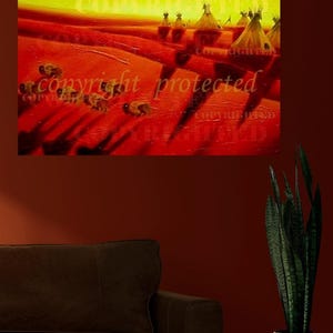 ESPACIO COMPARTIDO. Lienzo envuelto en galería, imágenes nativas, paisaje occidental, arte mural en colores cálidos, pintura de bisonte, 4 tamaños.
