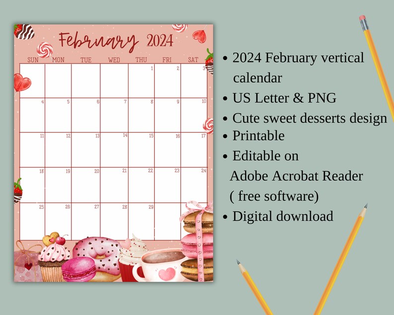 EDITABLE February 2024 Calendar vertical/ Portrait, 2024 February