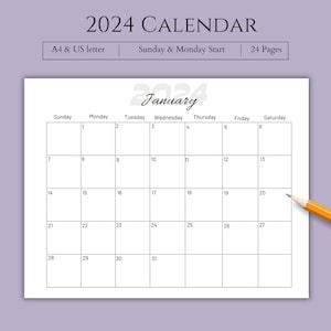 2024 Calendar Printable, 2024 Calendar, 2024 Calendar Template, 2024 Wall Calendar, 2024 planner, Sunday & Monday start, A4/ US letter