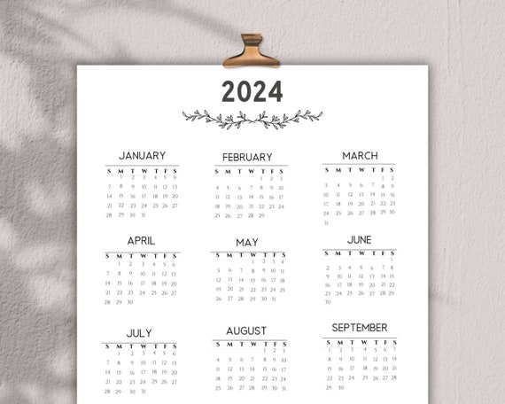 2024 Year at A Glance Printable 2024 Calendar Printable 2024 in 2023 At ...
