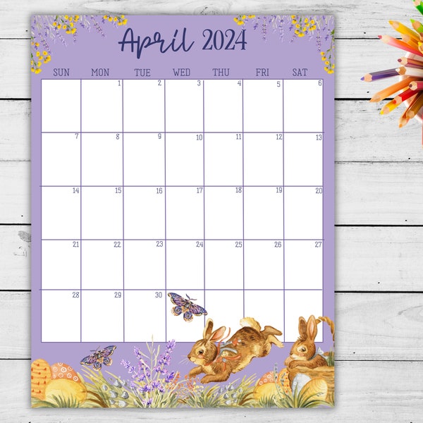 EDITABLE April 2024 Calendar (Vertical/ Portrait), 2024 April monthly planner printable, 2024 Easter Day Planner, US letter / PNG