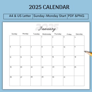 Calendario 2025 imprimible, Calendario 2025, Plantilla de calendario 2025, Planificador 2025, Inicio domingo y lunes, A4/ Carta estadounidense, PDF/ PNG