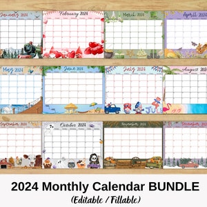 EDITABLE Monthly Calendar 2024 BUNDLE, Editable Printable Fillable monthly calendar 2024, 2024 calendar printable, US letter & png
