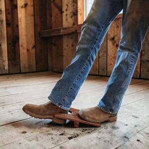 May include: A person wearing blue jeans and brown boots stands on a small, rectangular wooden footrest. The footrest is a medium brown color and has a simple design. The background features wooden paneling and a wooden floor.