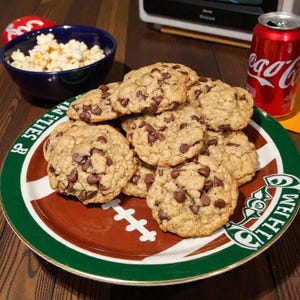 Puede incluir: Un plato de galletas con chispas de chocolate en un plato con tem&aacute;tica de f&uacute;tbol, con un cuenco de palomitas de ma&iacute;z y una lata de Coca-Cola. Un televisor muestra un partido de f&uacute;tbol americano en el fondo. Las galletas son doradas con chispas de chocolate negro.
