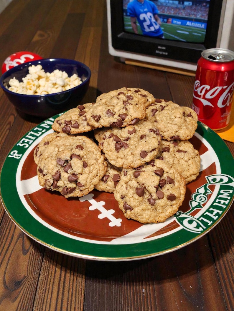 Puede incluir: Un plato de galletas con chispas de chocolate en un plato con tem&aacute;tica de f&uacute;tbol, con un cuenco de palomitas de ma&iacute;z y una lata de Coca-Cola. Un televisor muestra un partido de f&uacute;tbol americano en el fondo. Las galletas son doradas con chispas de chocolate negro.
