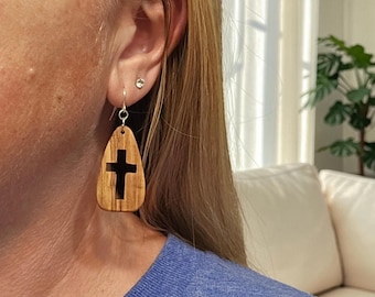 Olive Wood Cross Earrings, Hand Cut Christian Jewelry, Handmade Faith Gift
