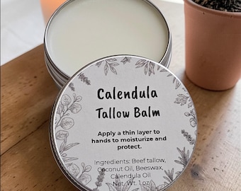 Bálsamo de caléndula y sebo / Cuidado de la piel con ingredientes sencillos / Bálsamo hidratante profundo / Elaborado artesanalmente en pequeños lotes / Lata de 28 g