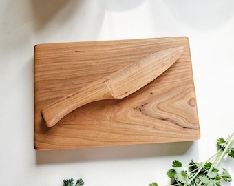 Kids Wooden Cutting Board Set | Hand Cut Cherry Wood Toddler Knife | Little Chef Gift