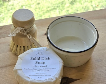 6 oz Solid Dish Soap, Unscented, Refill or Ramekin Set with Bamboo Brush