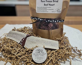 Dog Gift Set with Large Split Elk Antler Chew, Freeze Dried Beef Heart Treats & Paw Balm