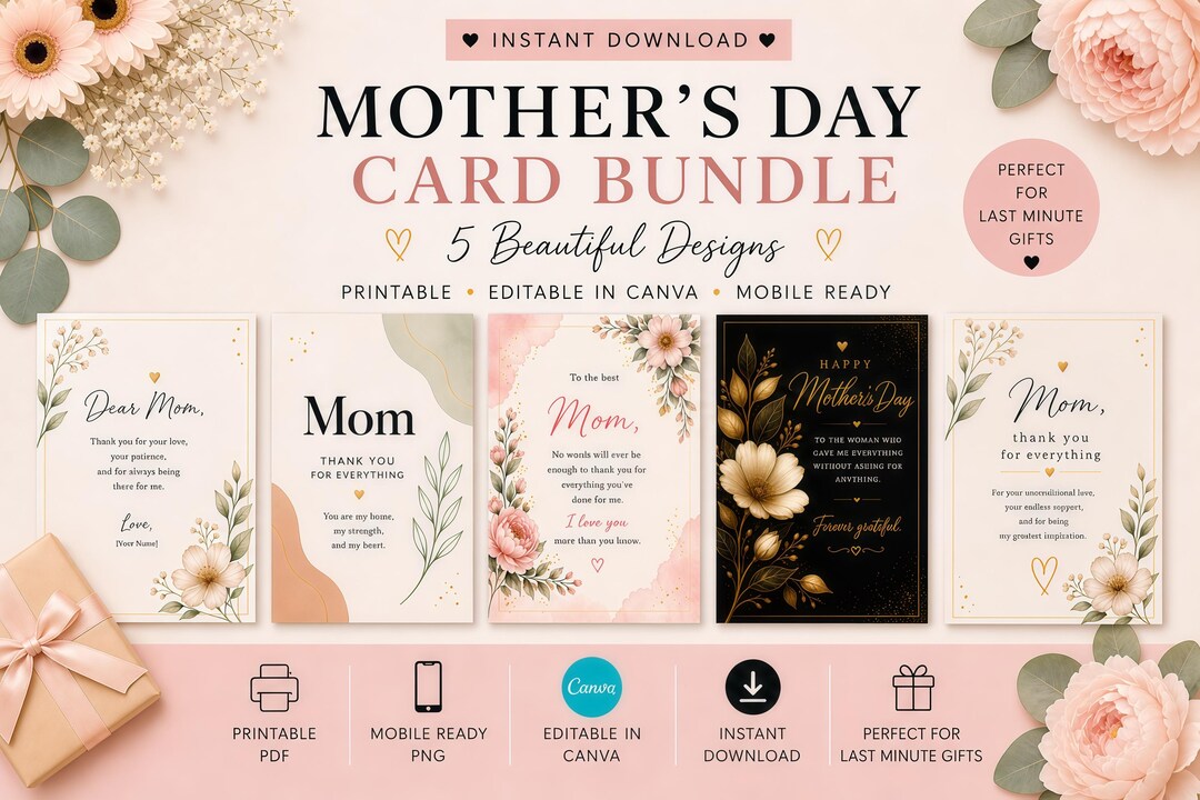 Mother's Day Card Bundle Printable | Editable Canva Template | Digital ...