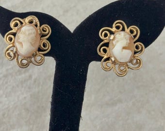 Vintage Carved Shell Cameo Earrings - Ornate Gold Tone Filigree