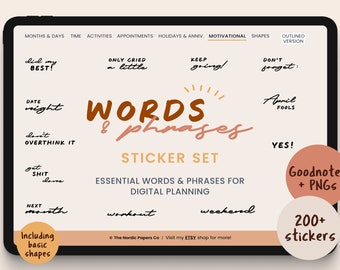 Words & Phrases Digital Stickers, GoodNotes Planner Set (PNG)