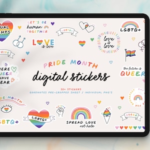 May include: A digital tablet shows Pride Month digital stickers. The stickers include rainbow designs, hearts, flags, and phrases such as "Love is Love" and "Equal Rights." A stylus is positioned beside the tablet.