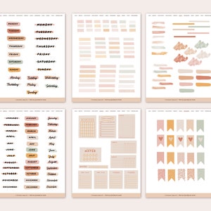 May include: Printable planner stickers with a minimalist aesthetic. The stickers feature a variety of designs, including days of the week, months of the year, banners, and water tracker elements. The stickers are in shades of brown, pink, and green.