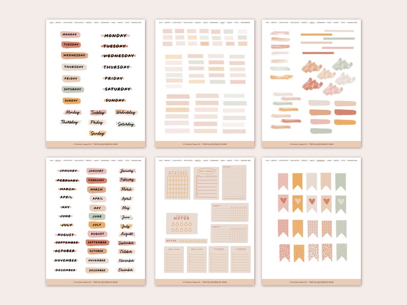 May include: Printable planner stickers with a minimalist aesthetic. The stickers feature a variety of designs, including days of the week, months of the year, banners, and water tracker elements. The stickers are in shades of brown, pink, and green.