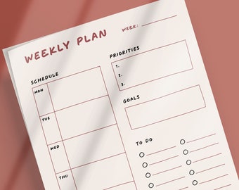 Printable Weekly Planner, Minimalistic handdrawn style template. Downloadable PDF, Monday/Sunday Start, A4/Letter