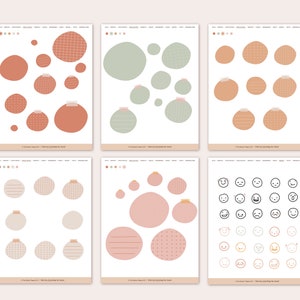 May include: Six printable sheets of stickers featuring various shapes, patterns, and designs. The first sheet has circles with a brown, orange, and red colour scheme. The second sheet has circles with a green and white colour scheme. The third sheet has circles with a brown and orange colour scheme. The fourth sheet has circles with a brown, white, and pink colour scheme. The fifth sheet has circles with a pink and white colour scheme. The sixth sheet has a variety of black and white emoticons.